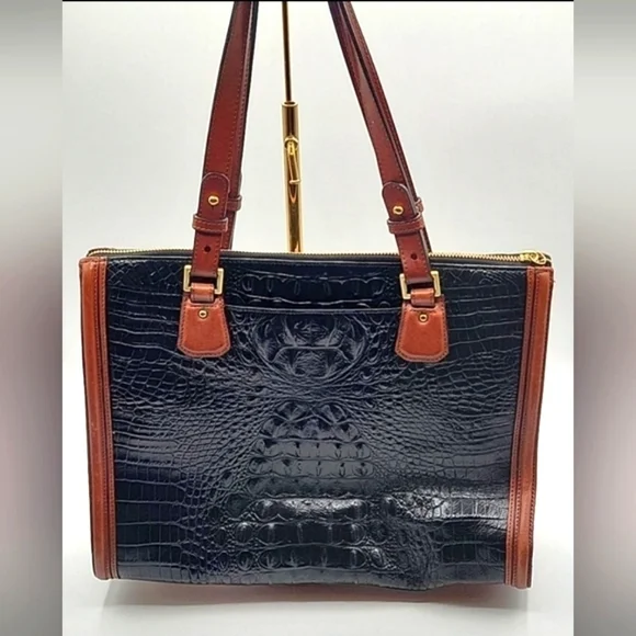 BRAHMIN Black Croc Embossed Crox Leather Shopper's Tote Cognac Leather Strap - Picture 9 of 15